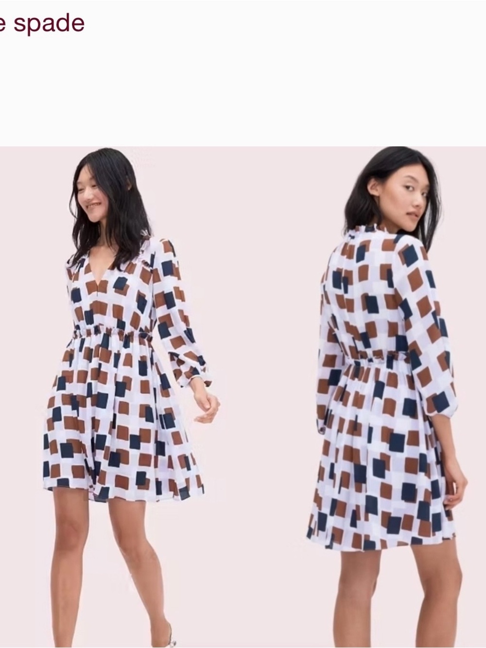 kate spade lilac Geometric V-Neck Dress with Navy & Brown Squares